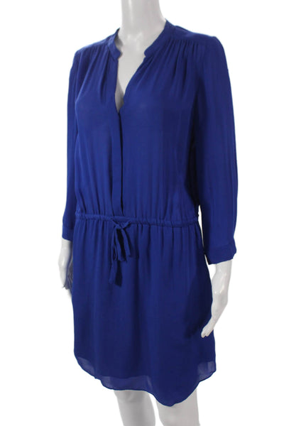 Babaton Women Silk V-Neck Shirt Dress Blue Long Sleeve Knee Length Size M