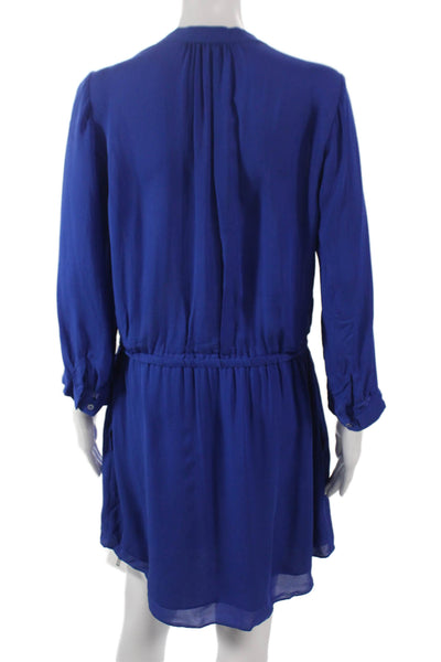 Babaton Women Silk V-Neck Shirt Dress Blue Long Sleeve Knee Length Size M
