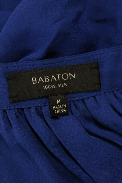 Babaton Women Silk V-Neck Shirt Dress Blue Long Sleeve Knee Length Size M