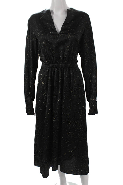Vince Womens A-Line Black V-Neck Long Sleeve Speckled Maxi Dress Size M