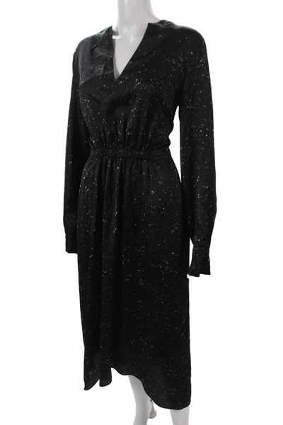 Vince Womens A-Line Black V-Neck Long Sleeve Speckled Maxi Dress Size M