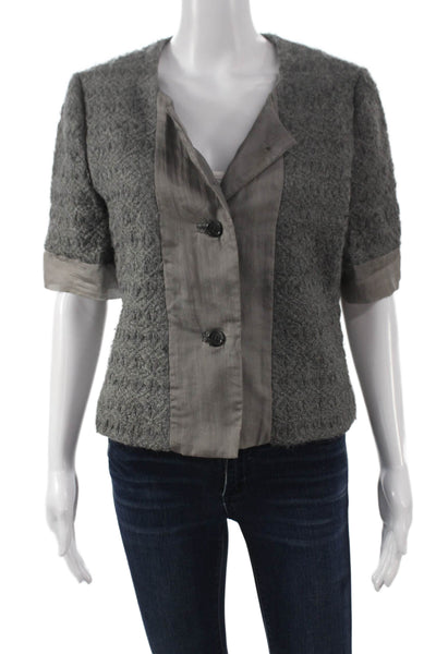 Adam Adam Lippes Womens Cardigan Gray Wool Geometric V-Neck Short Sleeve Size M