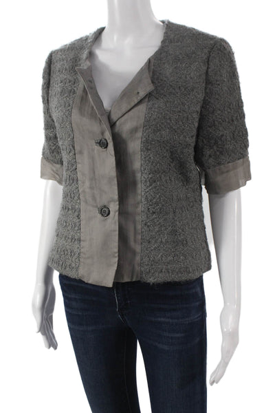 Adam Adam Lippes Womens Cardigan Gray Wool Geometric V-Neck Short Sleeve Size M