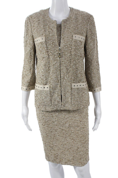St. John Collection Womens Beige Tweed Knit Skirt Suit 3/4 Sleeve Size 8