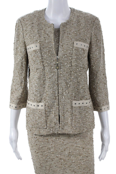 St. John Collection Womens Beige Tweed Knit Skirt Suit 3/4 Sleeve Size 8