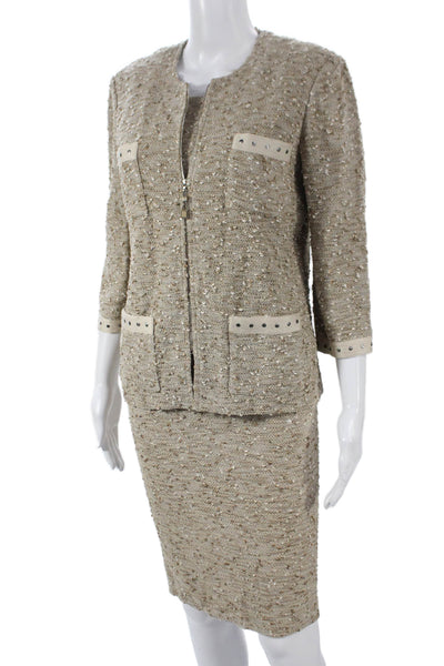 St. John Collection Womens Beige Tweed Knit Skirt Suit 3/4 Sleeve Size 8