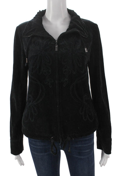 St. John Sport Women Basic Jacket Black Velour Floral Zip Long Sleeve Size S