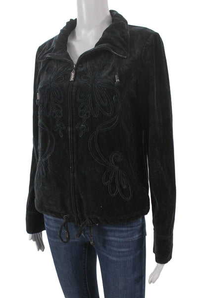St. John Sport Women Basic Jacket Black Velour Floral Zip Long Sleeve Size S
