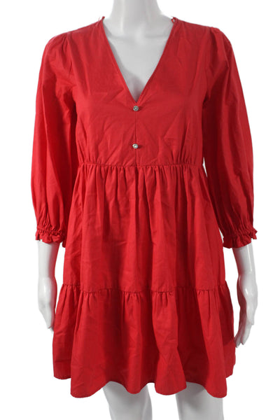 Zara Women A-Line Red V-Neck Cotton Short Long Sleeve Dress Size XS
