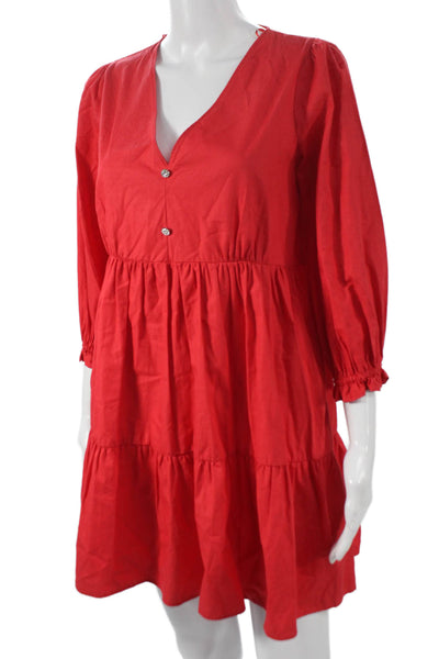 Zara Women A-Line Red V-Neck Cotton Short Long Sleeve Dress Size XS