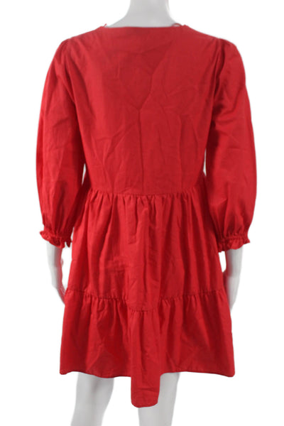 Zara Women A-Line Red V-Neck Cotton Short Long Sleeve Dress Size XS