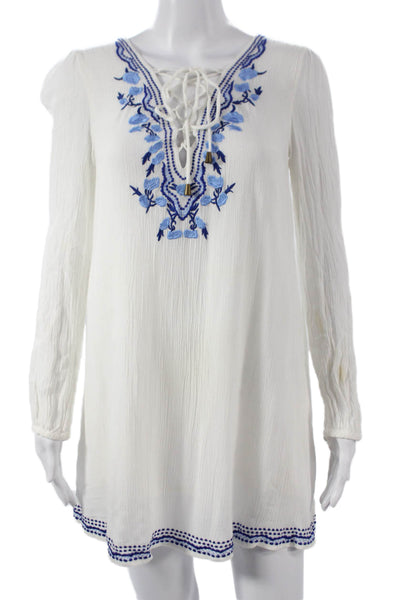 Lovers + Friends Women Shift Dress White Floral VNeck Laceup Longsleeve Size XS