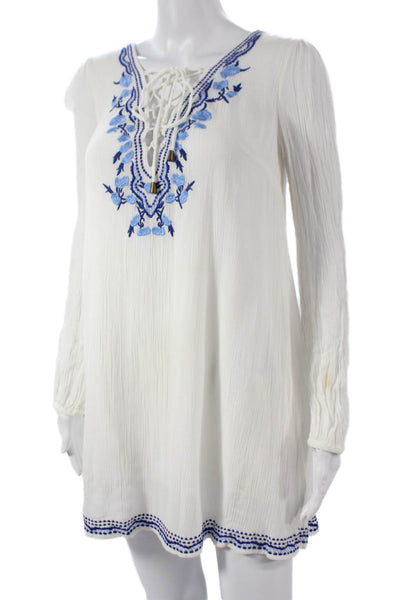 Lovers + Friends Women Shift Dress White Floral VNeck Laceup Longsleeve Size XS