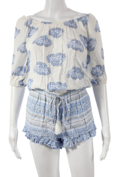 Faithfull The Brand Women Off-Shoulder Paisley Romper 3/4 Sleeve White Size XS