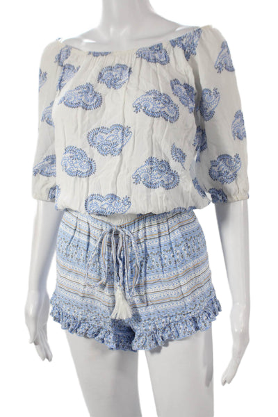 Faithfull The Brand Women Off-Shoulder Paisley Romper 3/4 Sleeve White Size XS