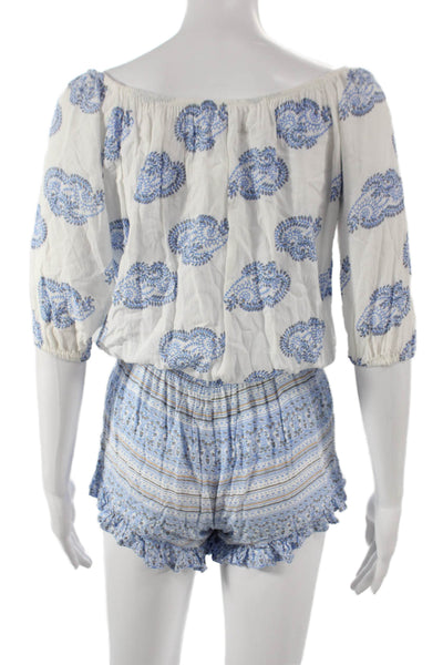 Faithfull The Brand Women Off-Shoulder Paisley Romper 3/4 Sleeve White Size XS