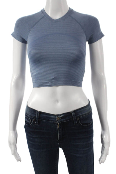 Lululemon Women Cropped Striped V-Neck Polyester T-Shirt Short Sleeve Size 2