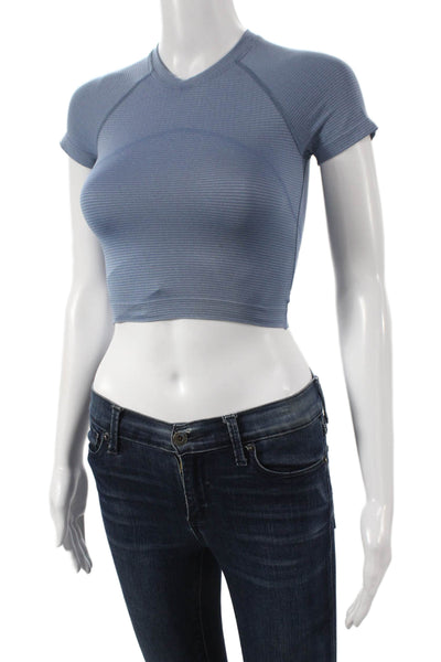 Lululemon Women Cropped Striped V-Neck Polyester T-Shirt Short Sleeve Size 2