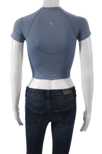 Lululemon Women Cropped Striped V-Neck Polyester T-Shirt Short Sleeve Size 2