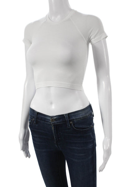Lululemon Womens Cropped Striped White Short Sleeve Crewneck T-Shirt Size 2