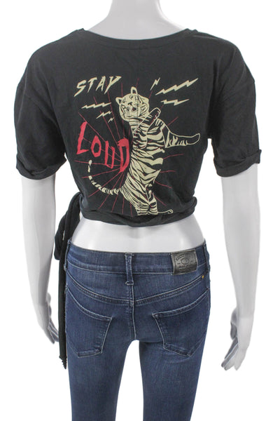 Zara Trafaluc Women Cropped Black Animal Print Cotton Round Neck T-Shirt Size S