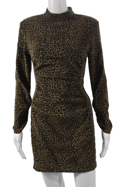 Zara Women Bodycon Dress Brown Animal Print Mock Neck Long Sleeve Short Size XS