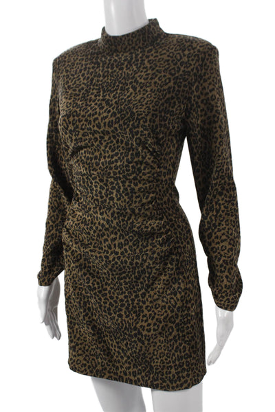 Zara Women Bodycon Dress Brown Animal Print Mock Neck Long Sleeve Short Size XS