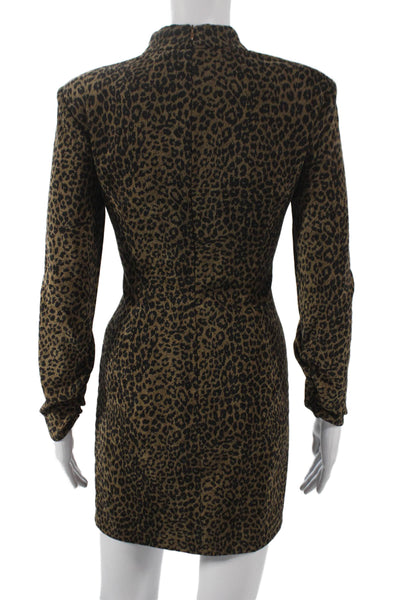Zara Women Bodycon Dress Brown Animal Print Mock Neck Long Sleeve Short Size XS
