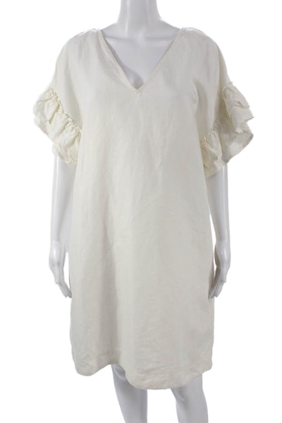 Maeve Anthropologie Women White Linen Shift Dress V Neck Short Sleeve Size L