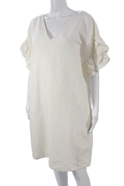 Maeve Anthropologie Women White Linen Shift Dress V Neck Short Sleeve Size L