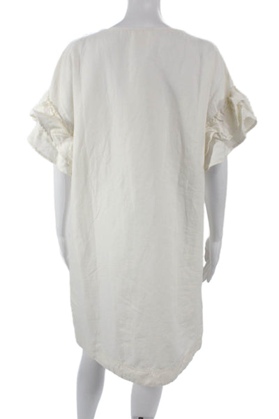 Maeve Anthropologie Women White Linen Shift Dress V Neck Short Sleeve Size L