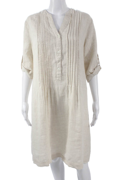 J. Mclaughlin Women Shirt Dress Beige Linen Collared 3/4 Sleeve Size L