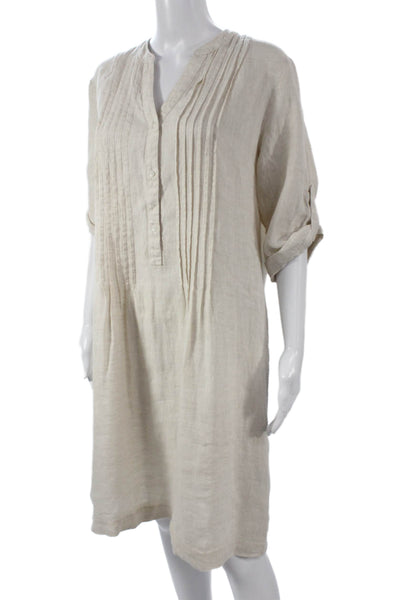 J. Mclaughlin Women Shirt Dress Beige Linen Collared 3/4 Sleeve Size L