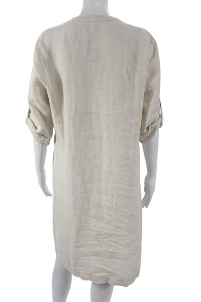 J. Mclaughlin Women Shirt Dress Beige Linen Collared 3/4 Sleeve Size L