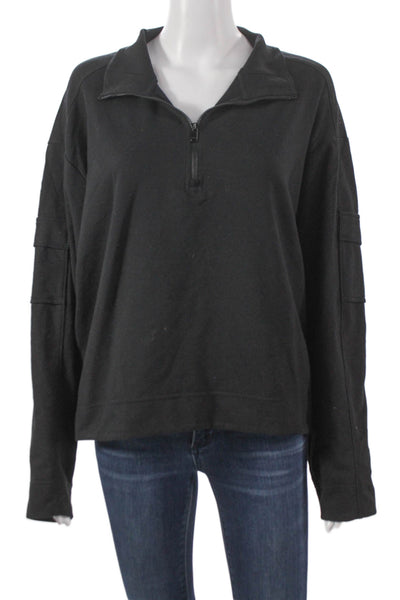 Athleta Womens Pullover Sweatshirt Collared Zip Cotton Black Long Sleeve Size L