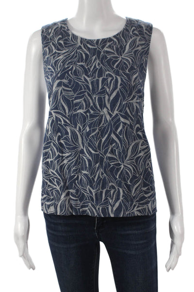 J. Mclaughlin Women Blue Floral Cotton Sleeveless Round Neck Tank Basic Size L