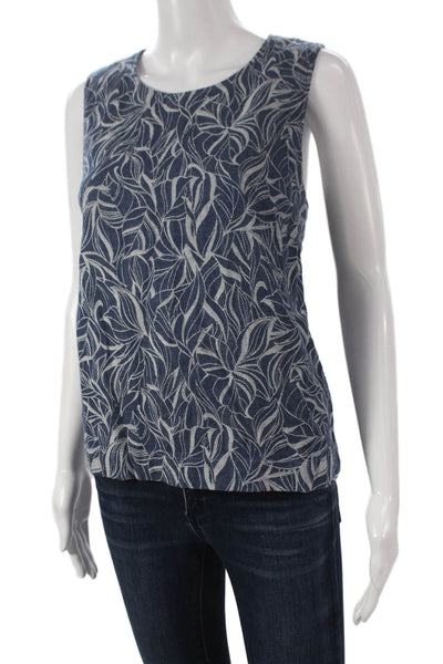 J. Mclaughlin Women Blue Floral Cotton Sleeveless Round Neck Tank Basic Size L