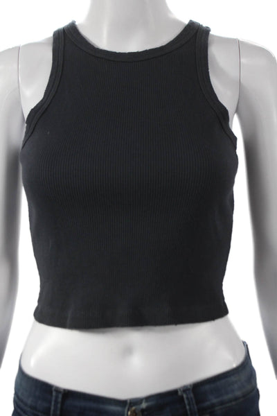 Amo Women Cropped Tank Black Cotton Blend Sleeveless Round Neck Size S