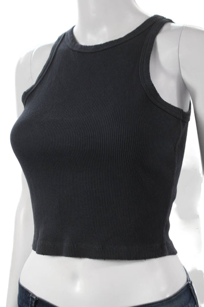 Amo Women Cropped Tank Black Cotton Blend Sleeveless Round Neck Size S