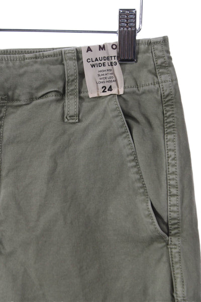 Amo Women Chino Pants Green Cotton Blend Zip 32in Inseam Size 24