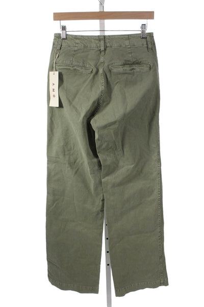 Amo Women Chino Pants Green Cotton Blend Zip 32in Inseam Size 24