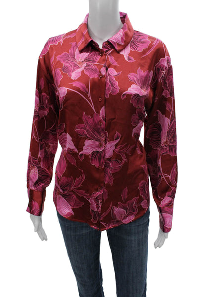 Bailey 44 Womens Red Floral Collared Long Sleeve Blouse Polyester Size M