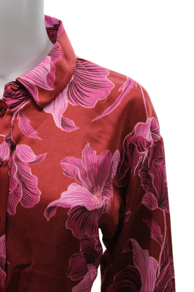 Bailey 44 Womens Red Floral Collared Long Sleeve Blouse Polyester Size M