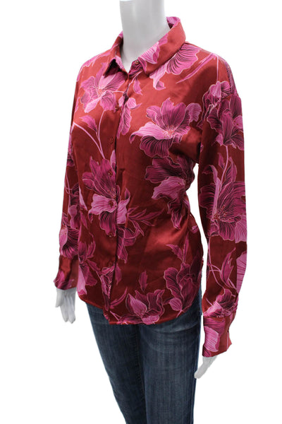 Bailey 44 Womens Red Floral Collared Long Sleeve Blouse Polyester Size M