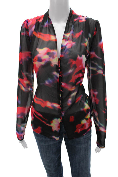 Halston Heritage Women Basic Floral V-Neck Long Sleeve Multicolor Blouse Size 8