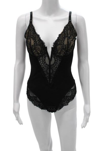 Popilush Womens Black Floral V-Neck Sleeveless One Piece Bodysuit Size M