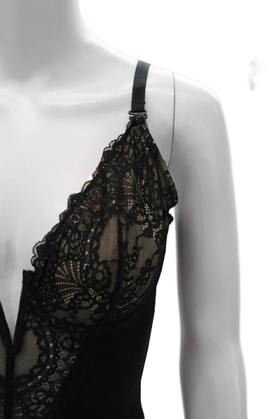 Popilush Womens Black Floral V-Neck Sleeveless One Piece Bodysuit Size M