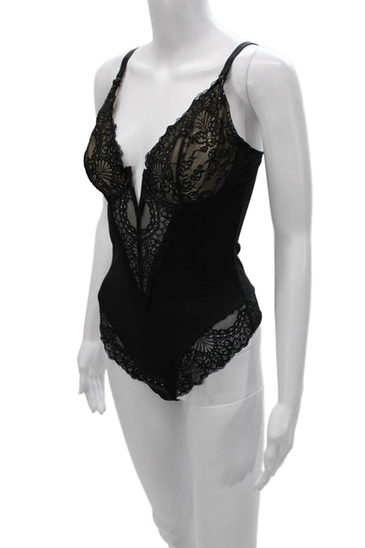 Popilush Womens Black Floral V-Neck Sleeveless One Piece Bodysuit Size M