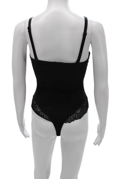 Popilush Womens Black Floral V-Neck Sleeveless One Piece Bodysuit Size M