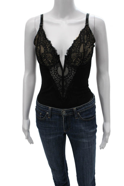 Popilush Womens Black Floral V-Neck Sleeveless One Piece Bodysuit Size M